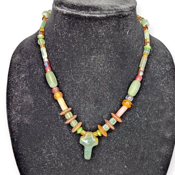 Multicolor Stone Beaded Necklace with Cross Pendant Hook Closure - Picture 1 of 11